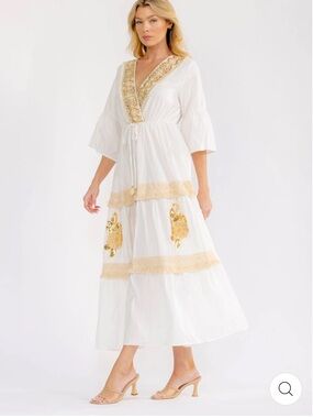 Y900.New White Maxi Dress with Gold Embroidery %100 cotton